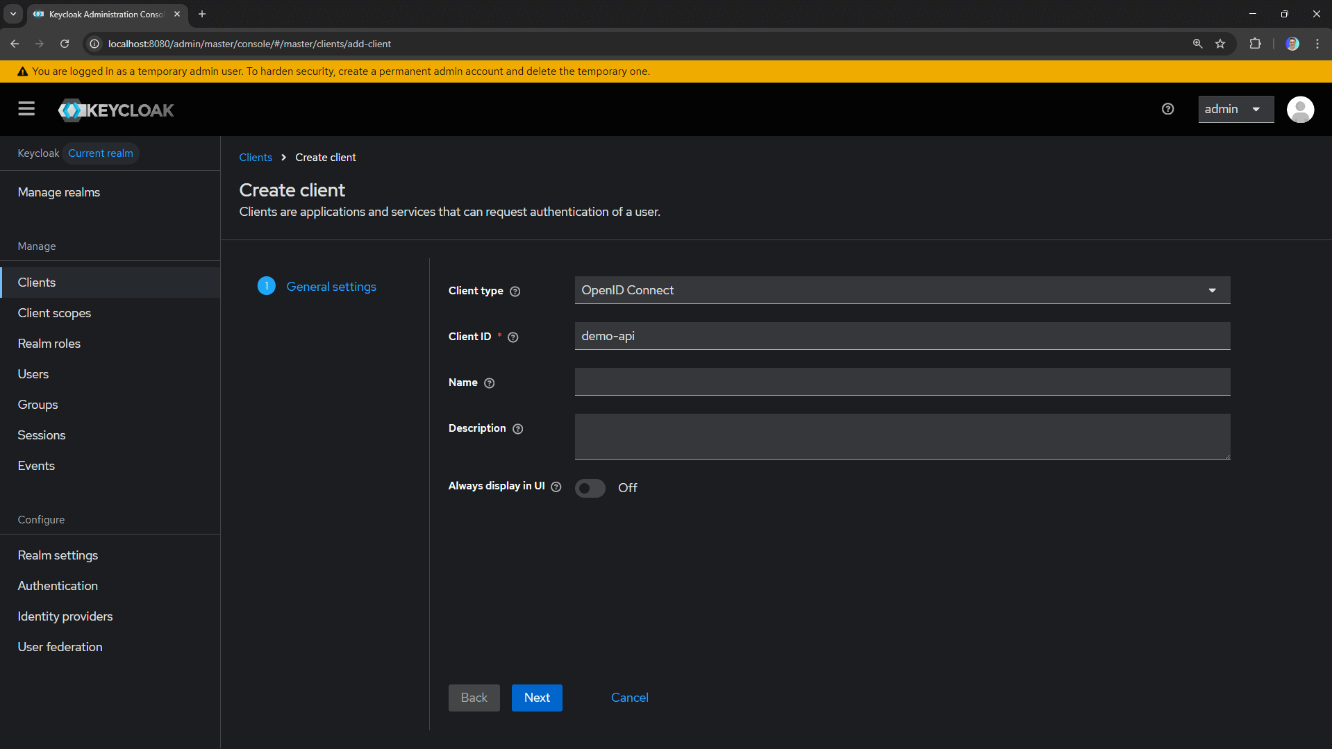 Create Client Step 1