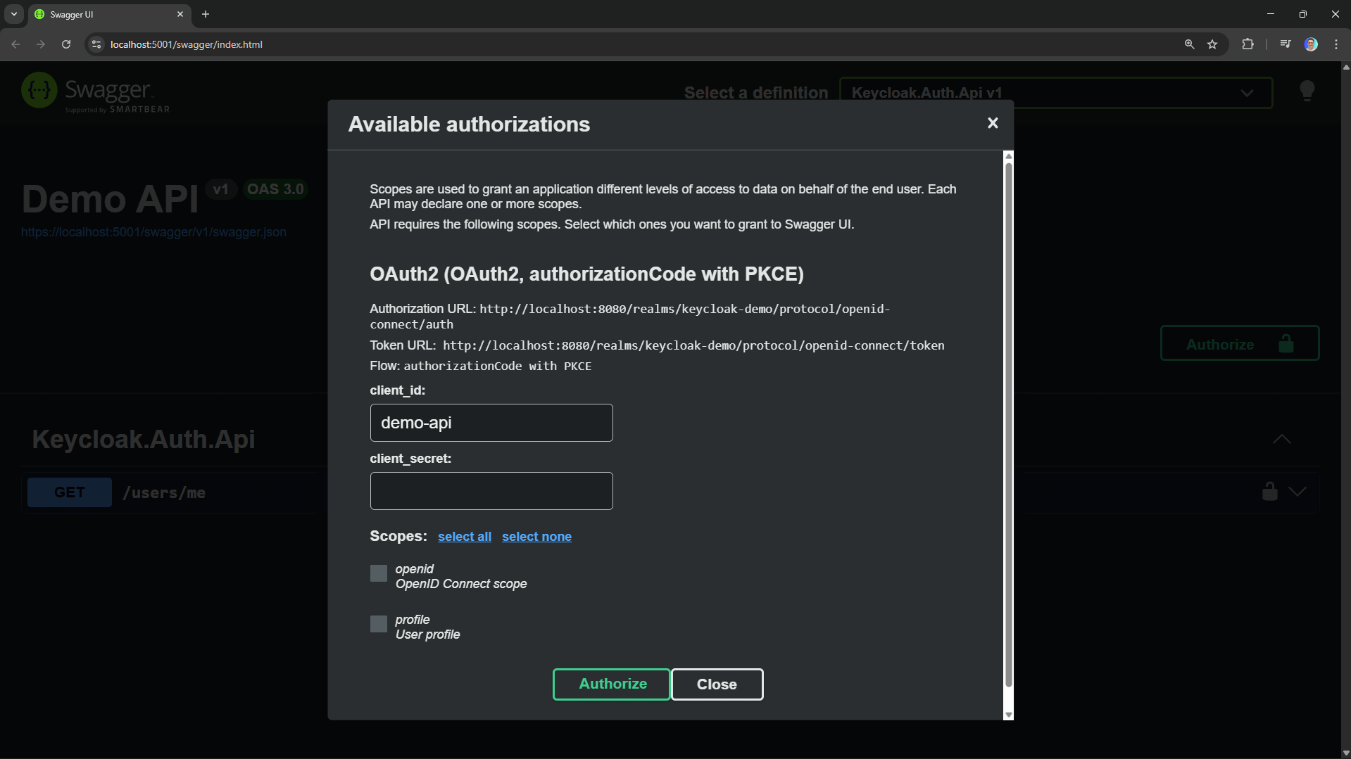 Swagger Authorize Form